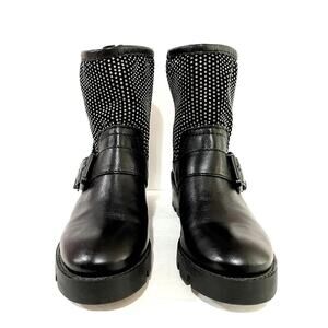 Schutz Black Studded Buckle Zip Mid-Calf Biker Boots Round Toe Leather Women's 8